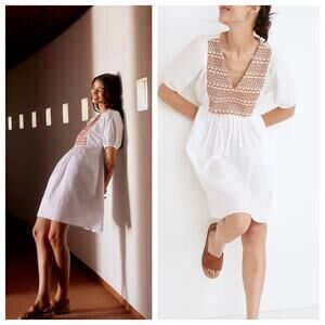 Madewell Embroidered White Poplin Puff Sleeve V-Neck Mini Dress Size S